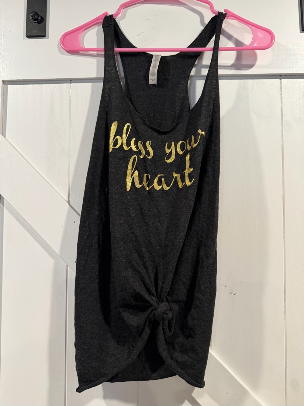 Black Racerback Tank Top with Gold Script - Knot Front